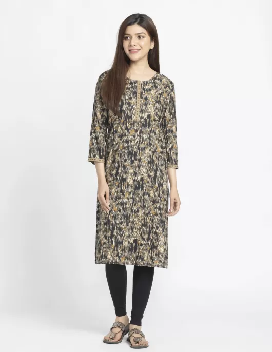 Black Ikat Printed A-Line Kurti | HIN0004