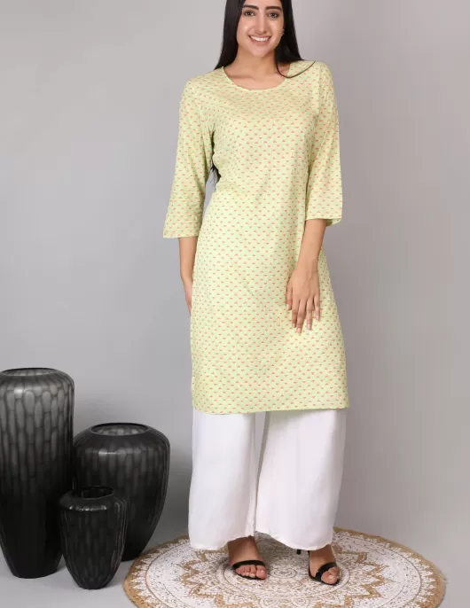 Yellow Orange Printed A-Line Kurti | HIN0006