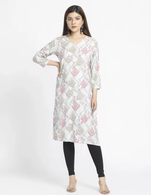 Off White Floral Printed A-Line Kurti | HIN0009