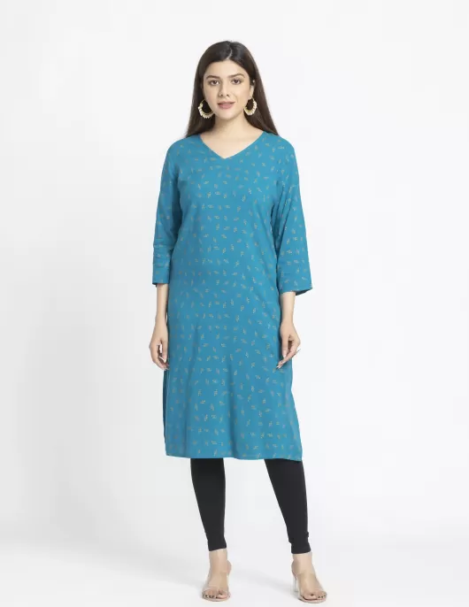 Blue Golden Printed A-Line Kurti | HIN0010