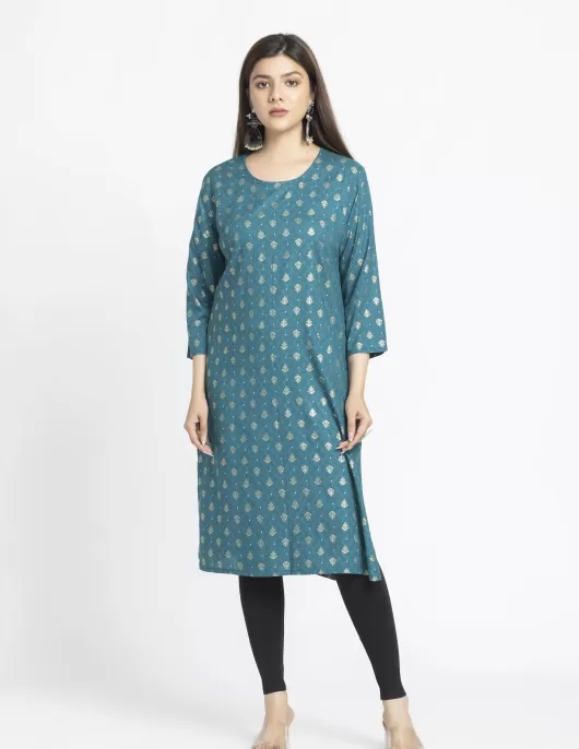 Blue Golden Printed A-Line Kurti | HIN0011