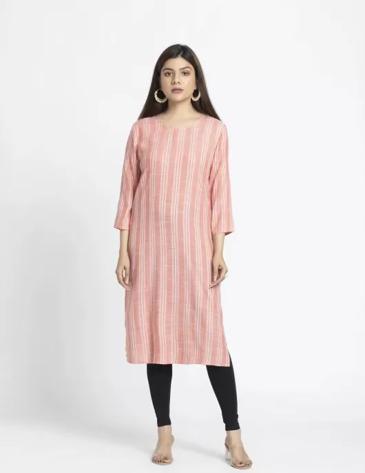 Pink Rayon Dobby Printed A-Line Kurti | HIN0012