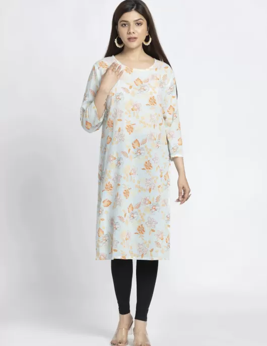 Sky Blue Orange Floral Printed A-Line Kurti | HIN0013