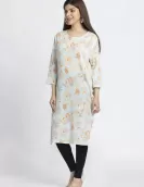 Sky Blue Orange Floral Printed A-Line Kurti | HIN0013