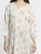 Sky Blue Orange Floral Printed A-Line Kurti | HIN0013