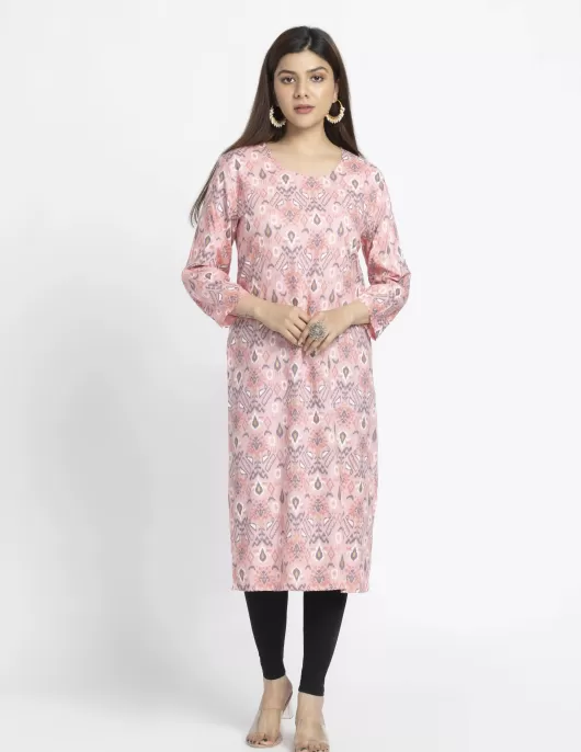 Pink Abstract Printed A-Line Kurti | HIN0014