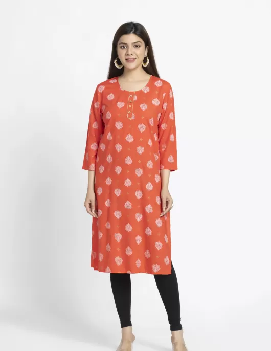 Orange White Printed A-Line Kurti |HIN0015