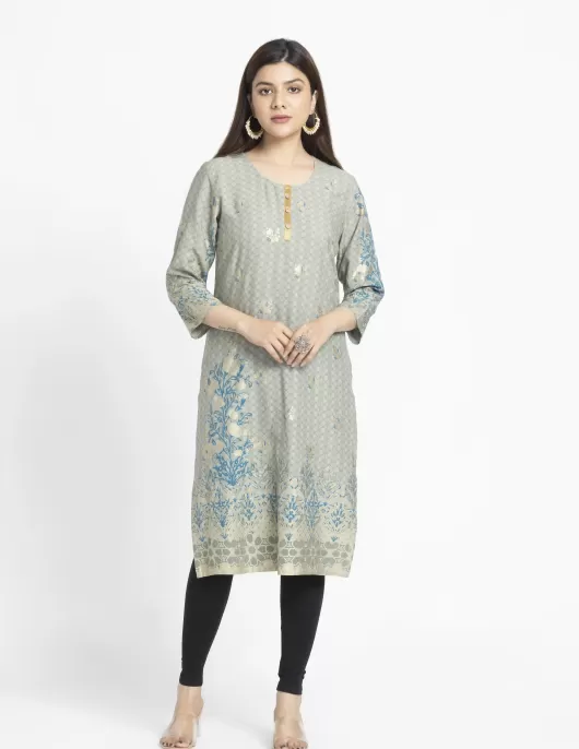 Light Olive with Golden Floral Printed A-Line Kurti | HIN0016