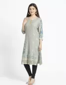 Light Olive with Golden Floral Printed A-Line Kurti | HIN0016