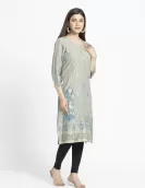 Light Olive with Golden Floral Printed A-Line Kurti | HIN0016