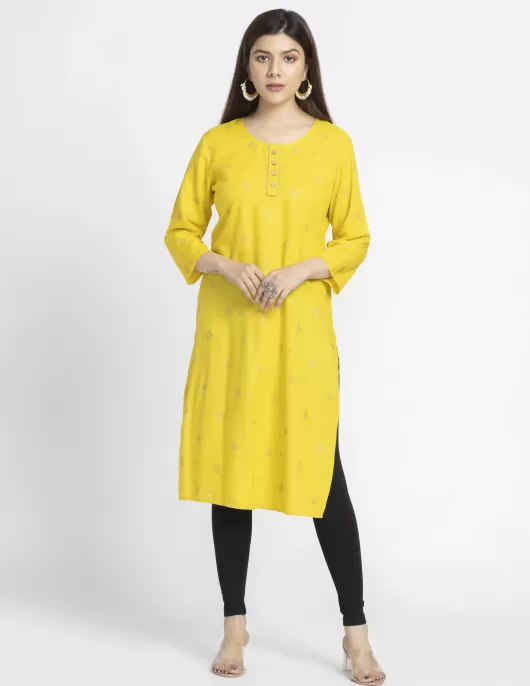 Yellow with Golden Printed A-Line Kurti | HIN0017