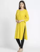 Yellow with Golden Printed A-Line Kurti | HIN0017