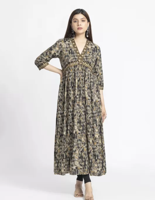 Black Ikat Print Gathered Dress |HIN0018