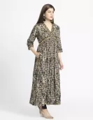 Black Ikat Print Gathered Dress |HIN0018