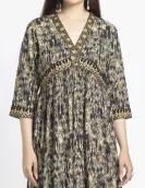 Black Ikat Print Gathered Dress |HIN0018