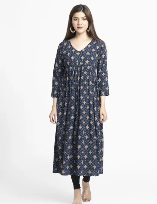  Navy Floral Print Gathered Dress | HIN0019