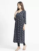  Navy Floral Print Gathered Dress | HIN0019