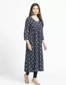  Navy Floral Print Gathered Dress | HIN0019