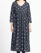  Navy Floral Print Gathered Dress | HIN0019