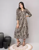 Ikat Print Gathered Black Dress | HIN0020