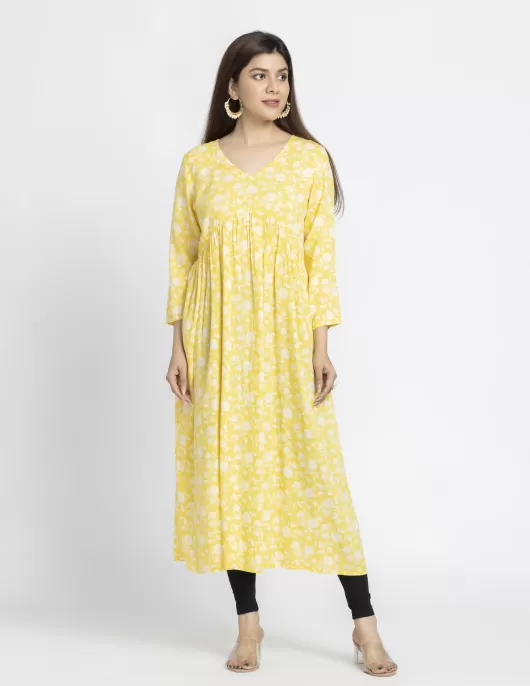 Floral Yellow Printed A-Line Dress | HIN0021