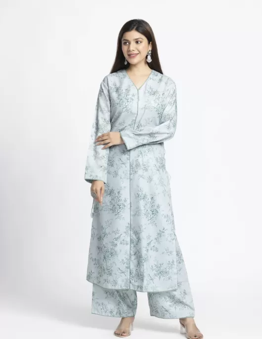 Light Green Floral Printed Straight Kurta Palazzo Set | HIN0032